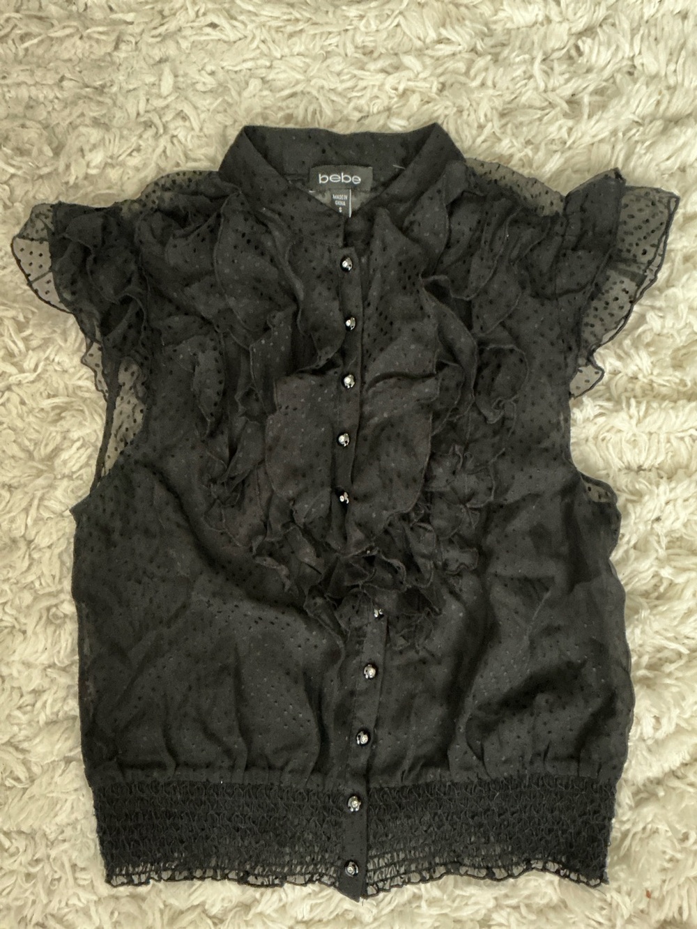 Y2k bebe Black Silk Ruffle Polka Dot Sleeveless Top